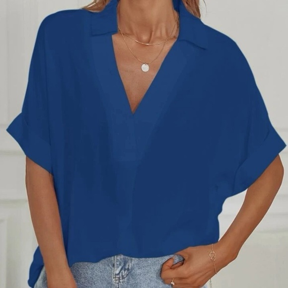 SHEIN✨ Women’s Notched Neck Batwing Sleeve Oversized Blouse 👚💙 Size Small - Picture 7 of 11